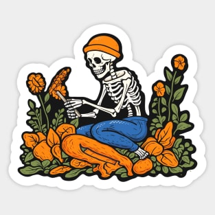 Bones and Botany, Skeleton Picking Flowers and Reading Sticker